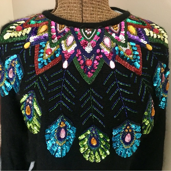 Vintage Sequin & Beaded Cedars Black Knit Dress Sweater Size: M - Picture 7 of 14